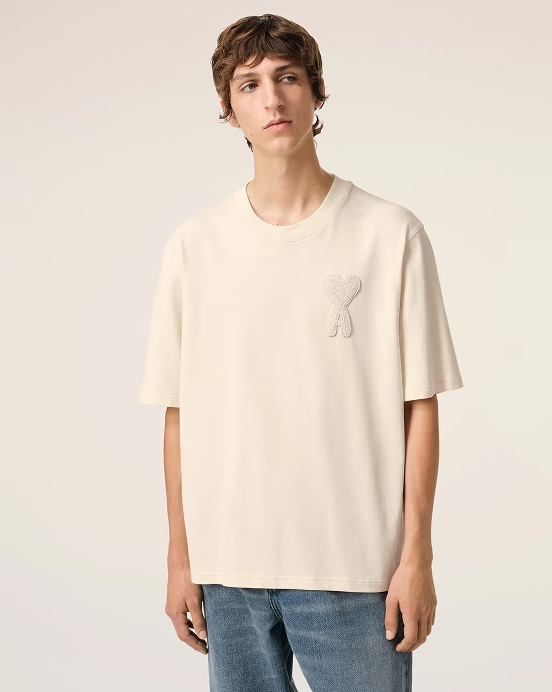 AMI PARIS Organic Cotton Crew-Neck T-Shirt with Embroidered Logo