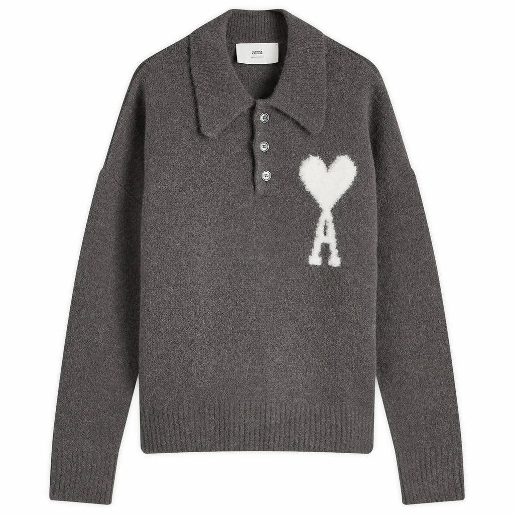 AMI Paris Men's A Heart Knitted Polo in Dark Grey