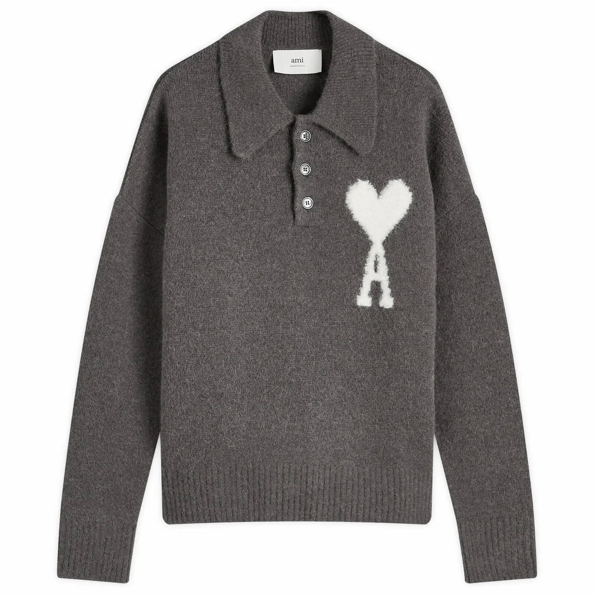 AMI Paris Men's A Heart Knitted Polo in Dark Grey