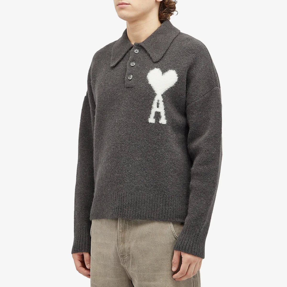 AMI Paris Men's A Heart Knitted Polo in Dark Grey