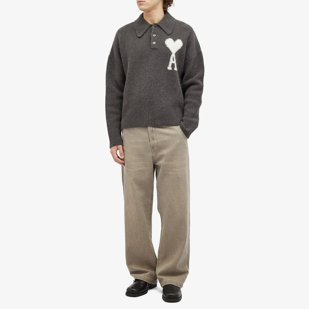 AMI Paris Men's A Heart Knitted Polo in Dark Grey
