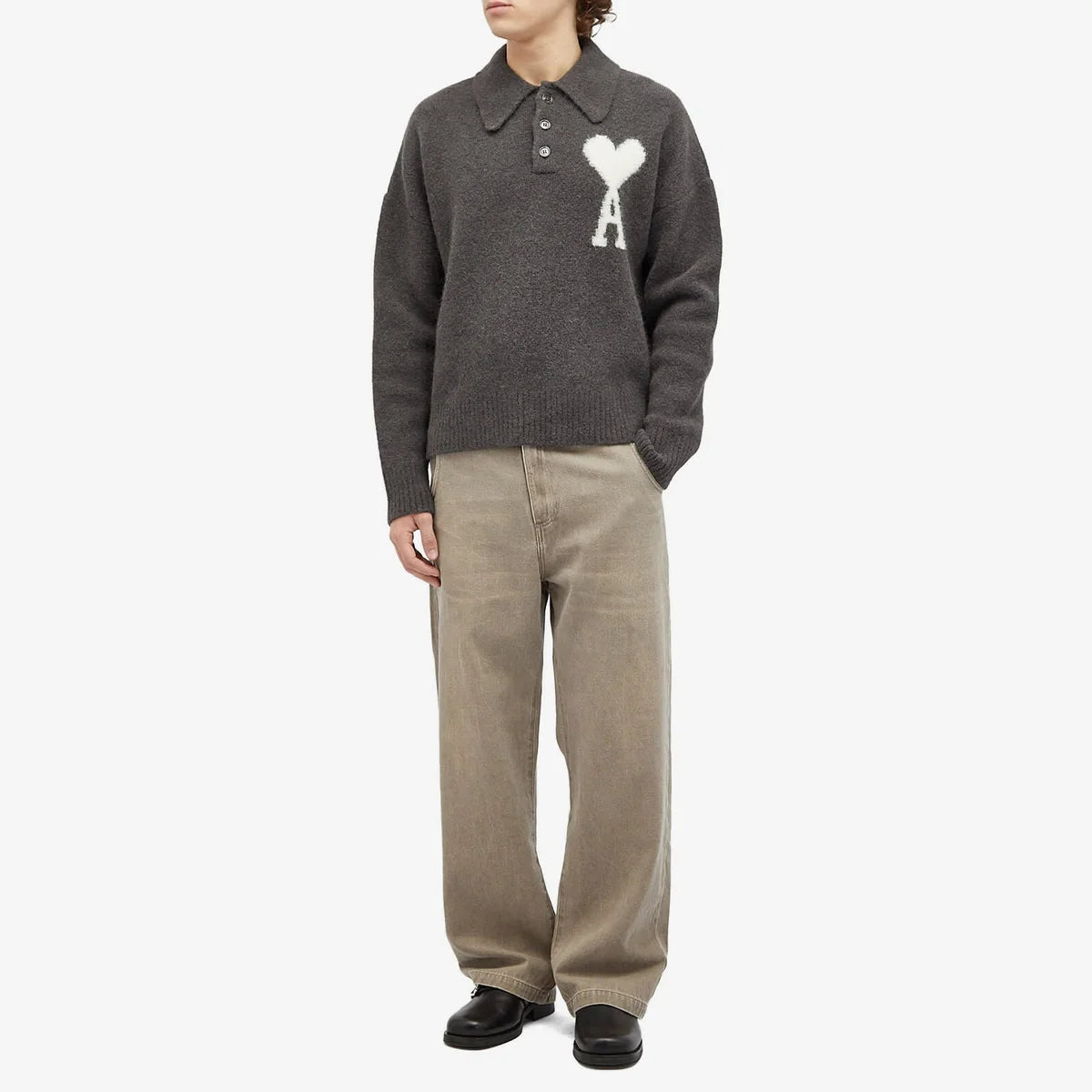 AMI Paris Men's A Heart Knitted Polo in Dark Grey