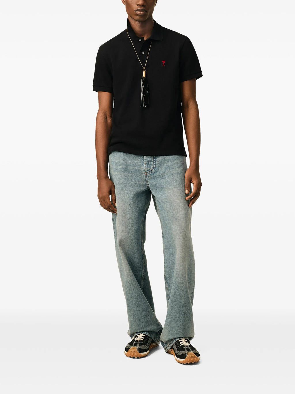 Black cotton polo shirt with Ami de Coeur print