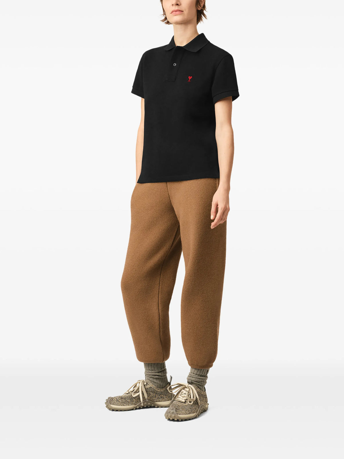 Black cotton polo shirt with Ami de Coeur print