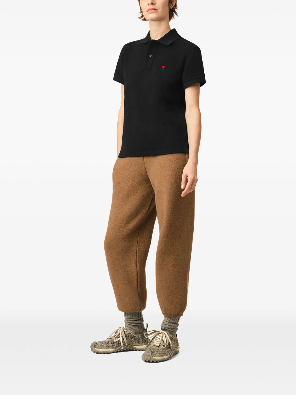 Black cotton polo shirt with Ami de Coeur print
