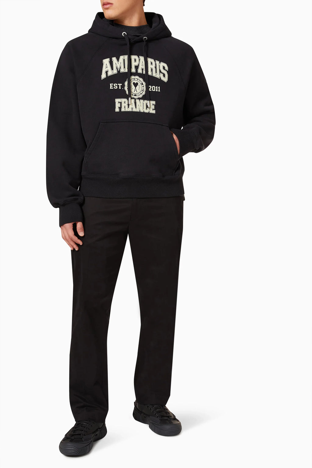 AMI PARIS Organic Cotton Regular Fit Hoodie With Logo Black