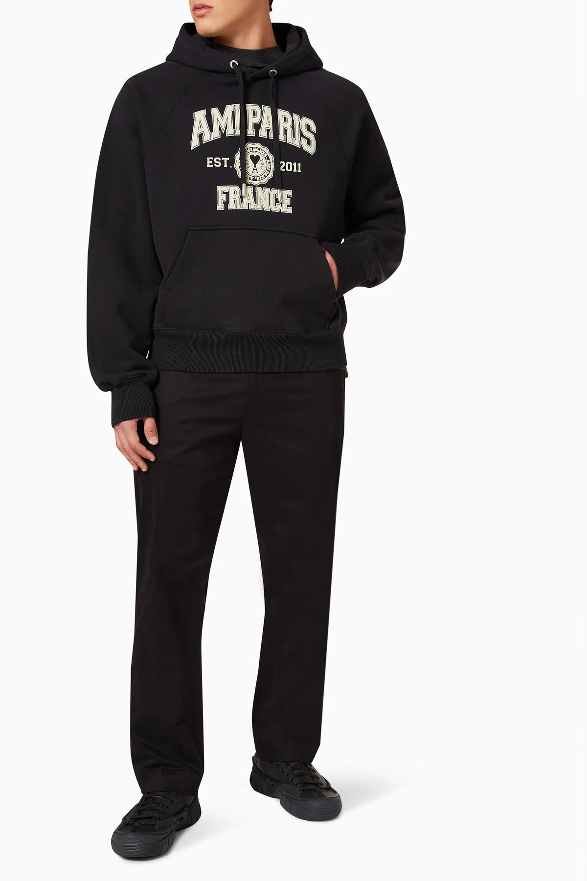 AMI PARIS Organic Cotton Regular Fit Hoodie With Logo Black