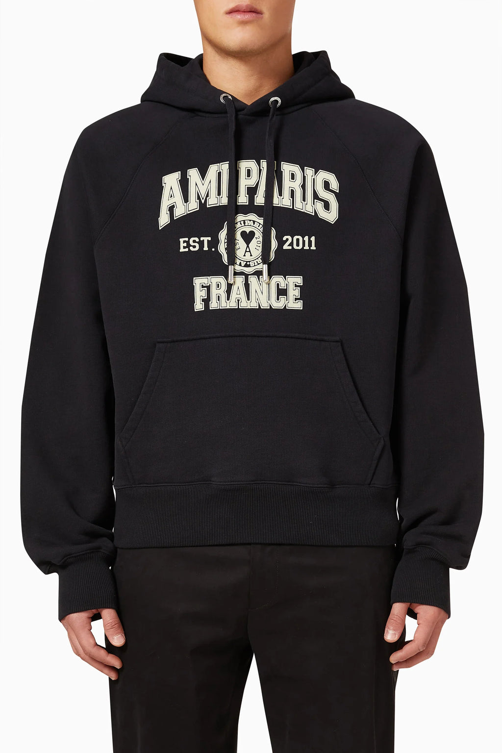 AMI PARIS Organic Cotton Regular Fit Hoodie With Logo Black