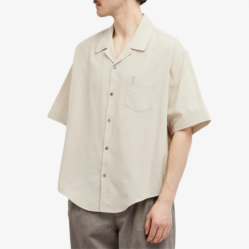 AMI Paris Men's Tonal Logo Camp Collar Shirt in Cream