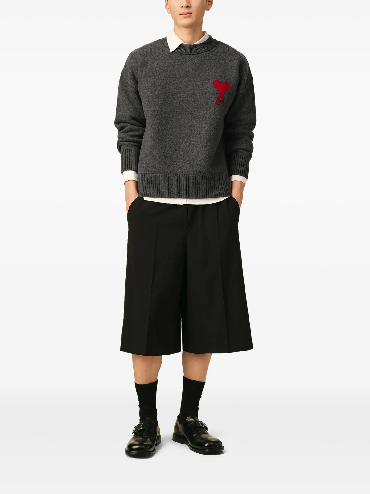 Grey wool sweater with crew neck and Ami de Coeur