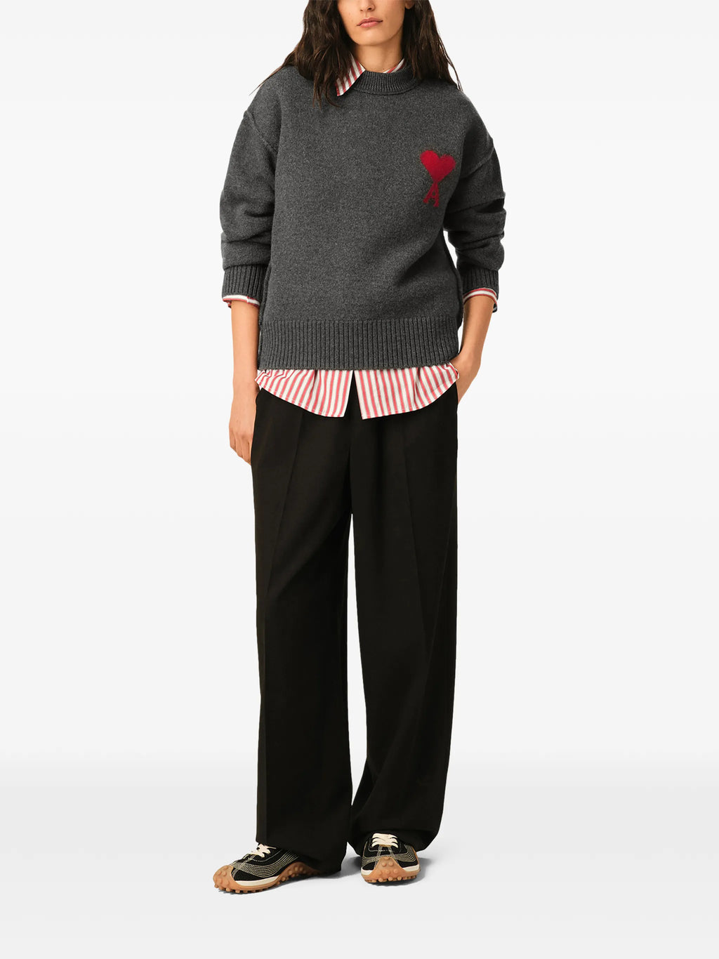 Grey wool sweater with crew neck and Ami de Coeur