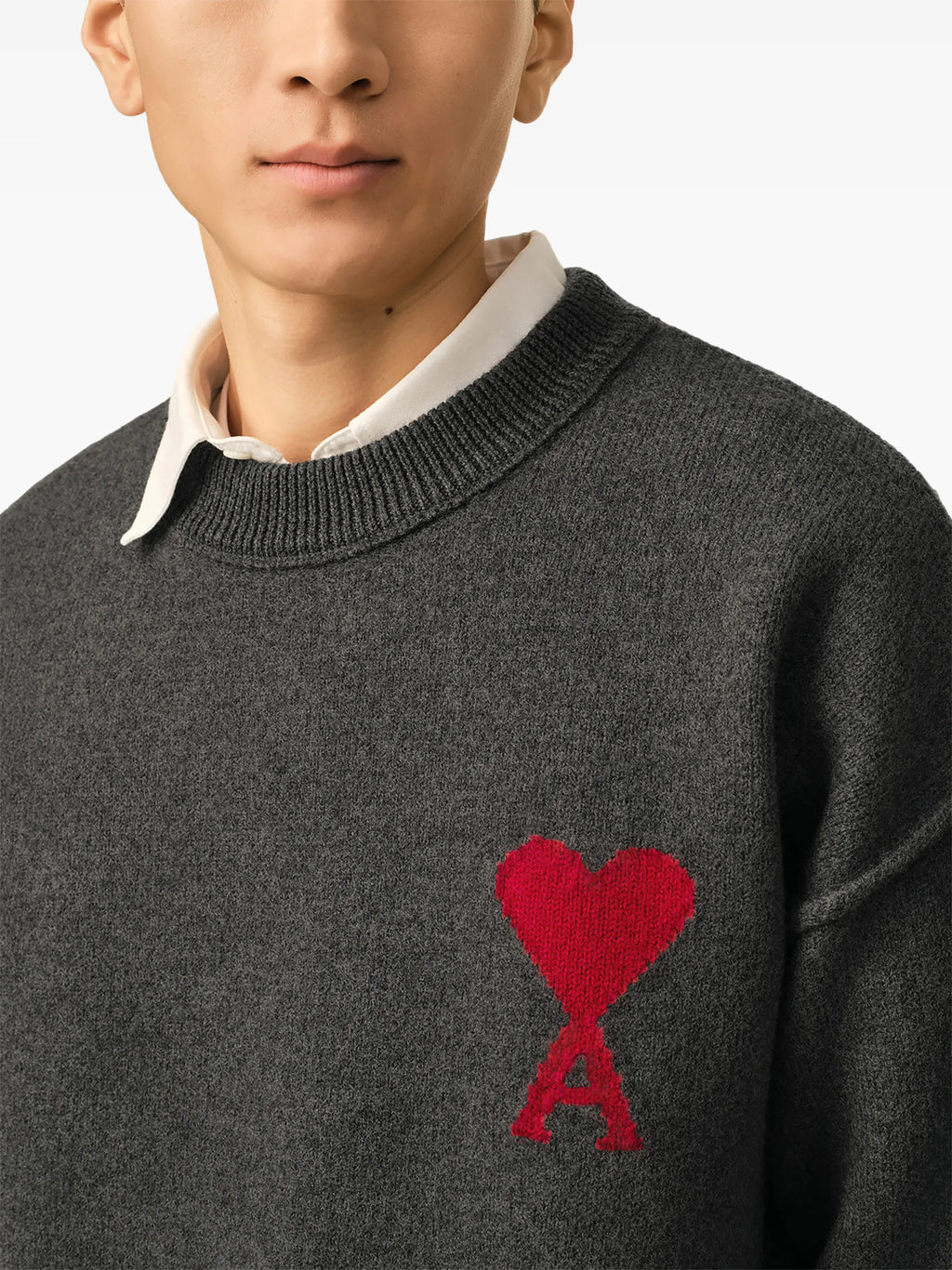 Grey wool sweater with crew neck and Ami de Coeur