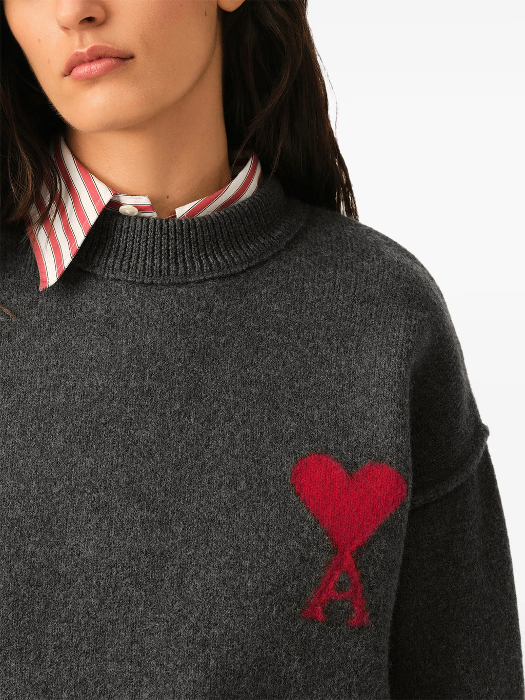 Grey wool sweater with crew neck and Ami de Coeur