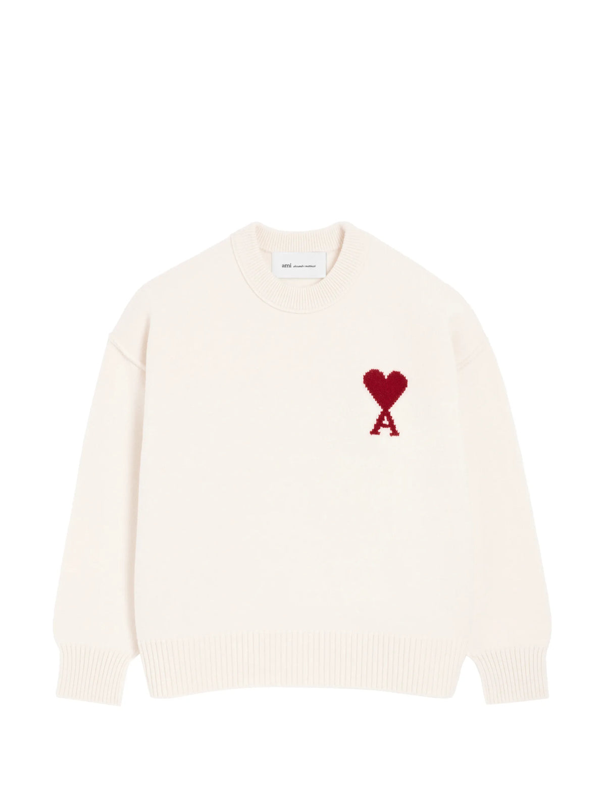 White wool sweater with crew neck and Ami de Coeur