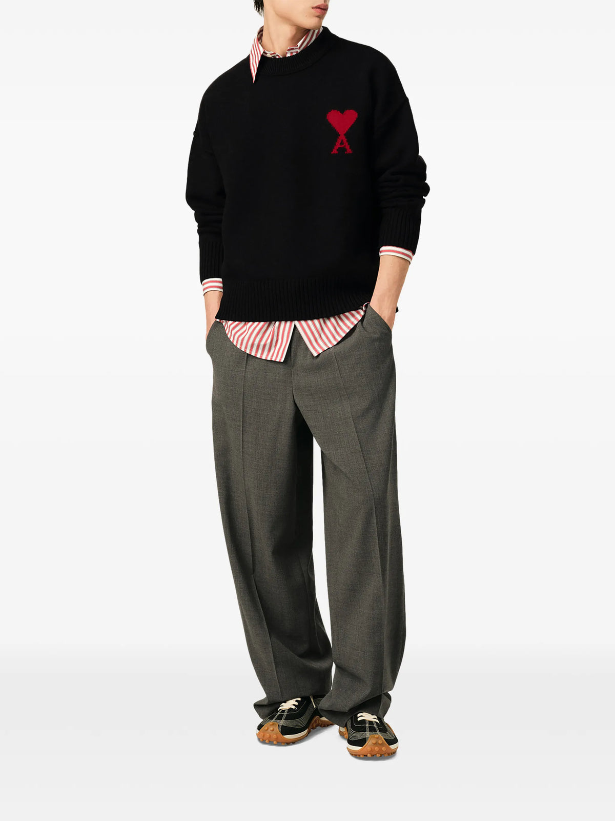 Black wool sweater with crew neck and Ami de Coeur