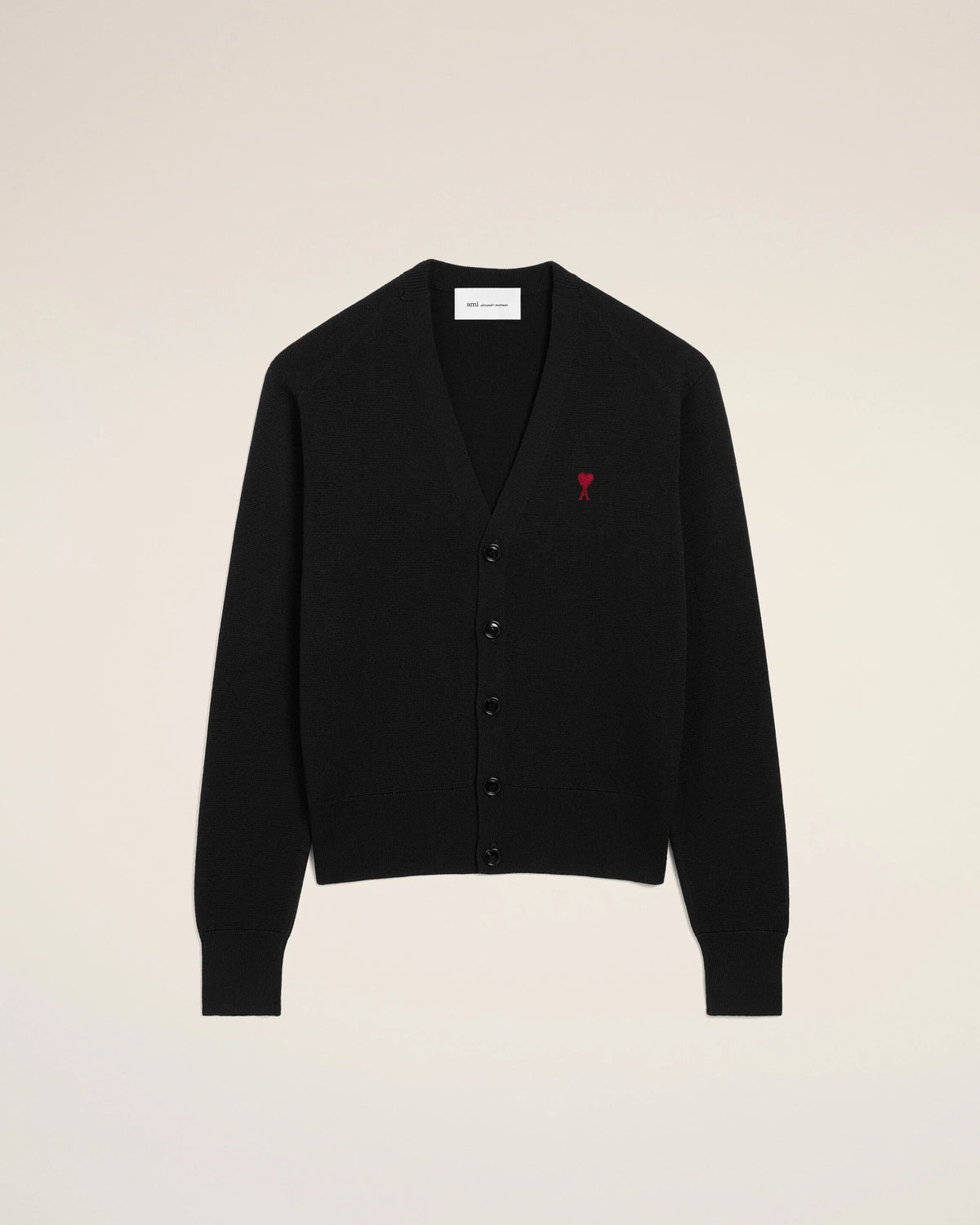 Black V neck wool cardigan with Ami de Coeur