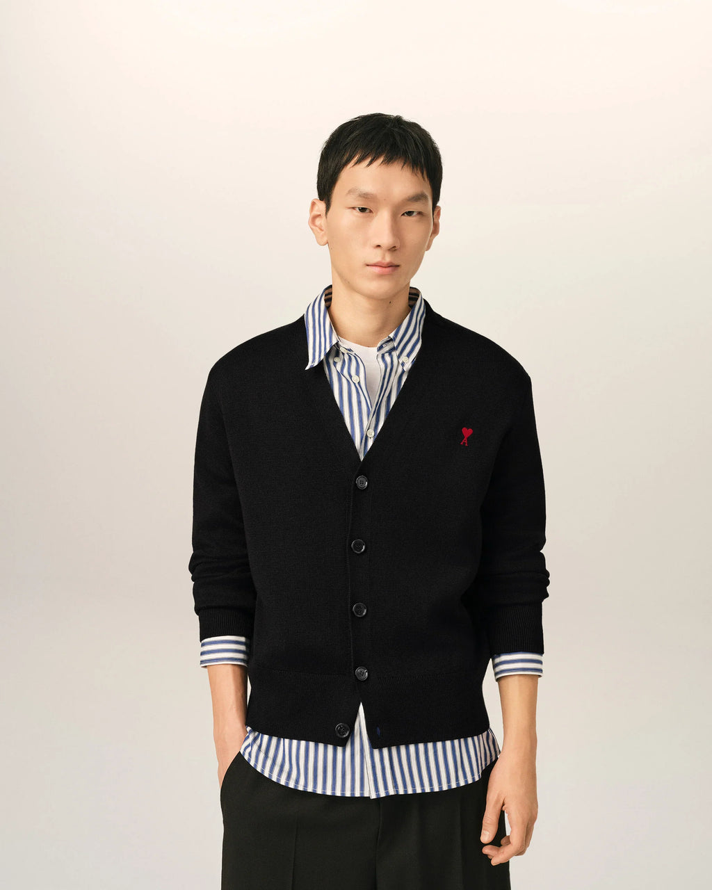 Black V neck wool cardigan with Ami de Coeur