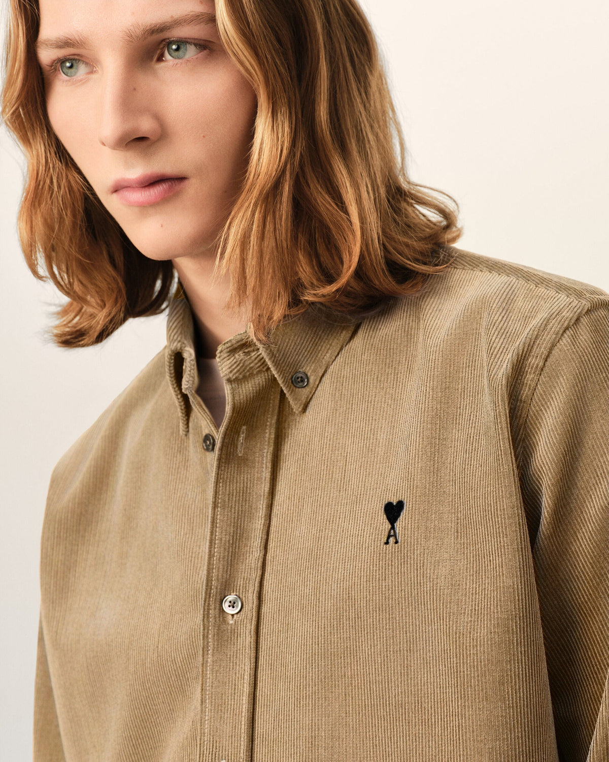 Beige Corduroy Shirt with AMI de Coeur