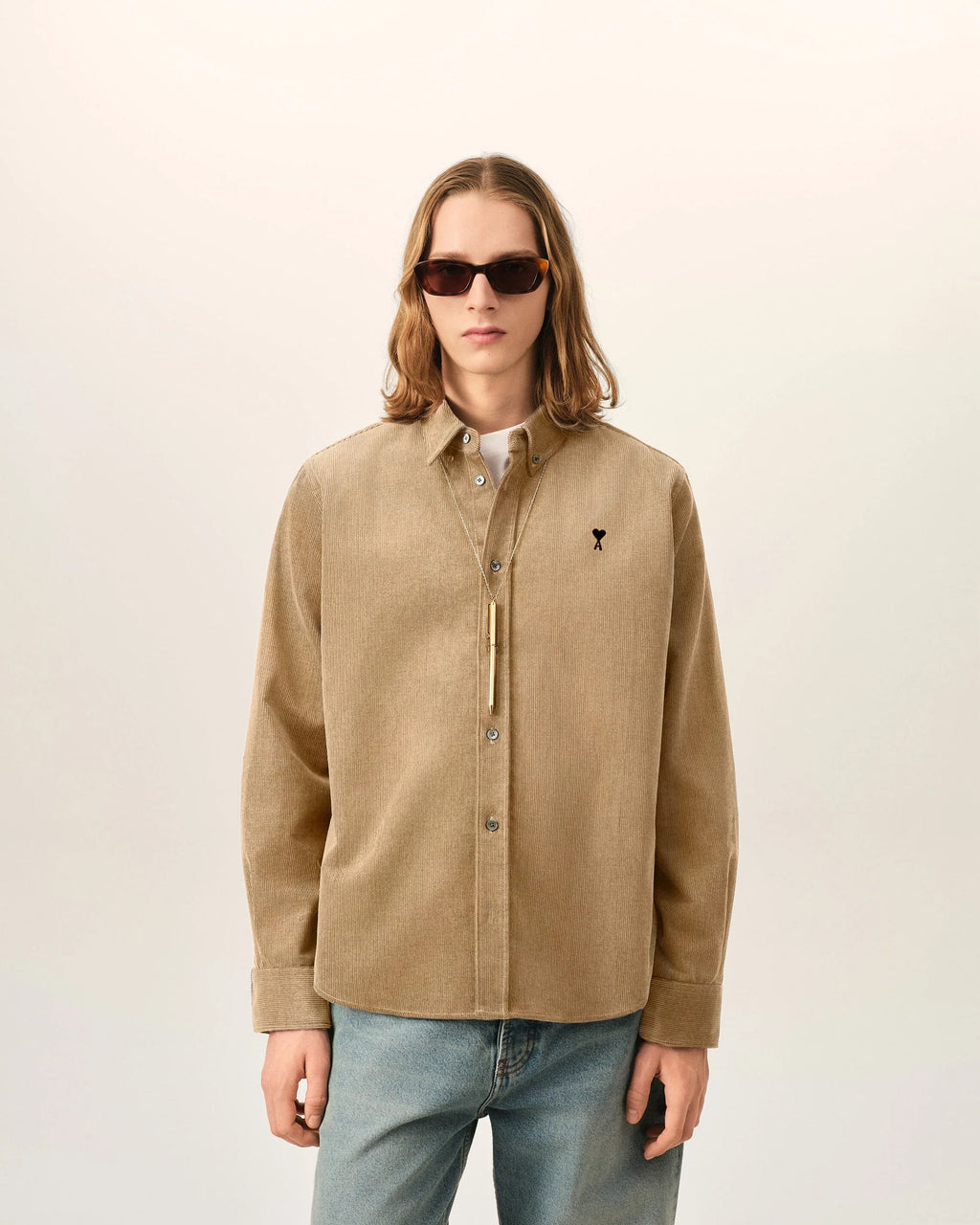 Beige Corduroy Shirt with AMI de Coeur