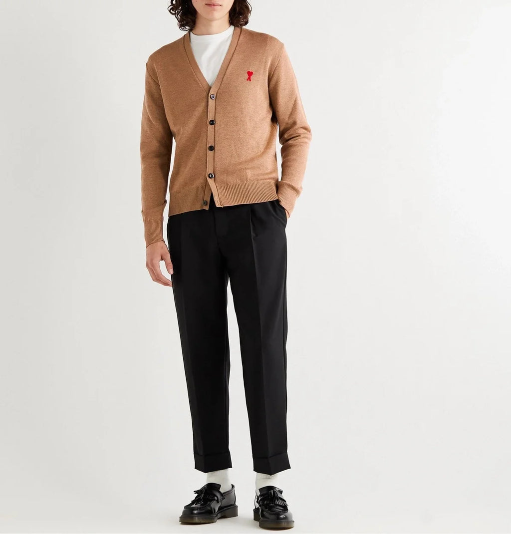AMI PARIS - Logo-Appliquéd Merino Wool Cardigan - Neutrals