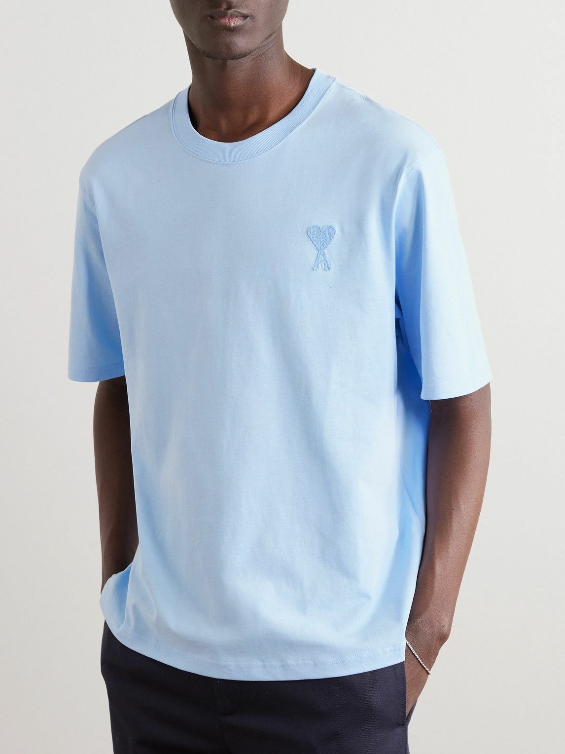 AMI PARIS - Logo-Embroidered Cotton-Jersey T-Shirt - Blue